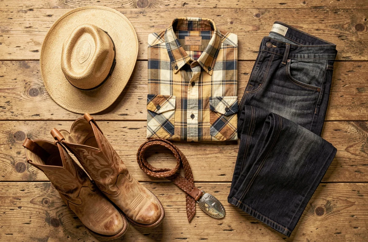 Sélection de vêtements et accessoires western pour ranch disposés en flat-lay sur une surface en bois brut
