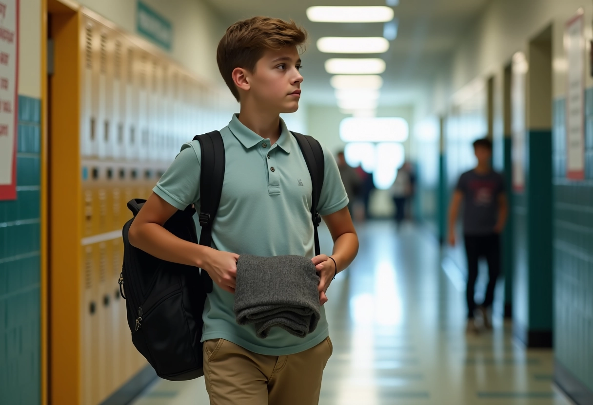 Adolescent rangeant un pull dans son sac à dos dans un couloir de lycée