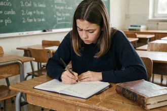 Adolescente concentrée qui écrit dans un cahier en classe, apprenant les règles grammaticales de ma et m'a en français