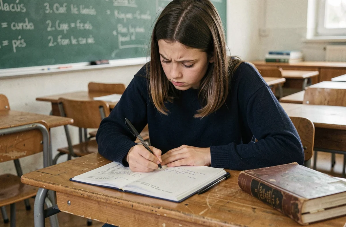 Adolescente concentrée qui écrit dans un cahier en classe, apprenant les règles grammaticales de ma et m'a en français
