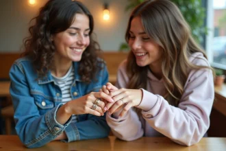 Deux adolescentes souriantes portant bagues cœur amies au café