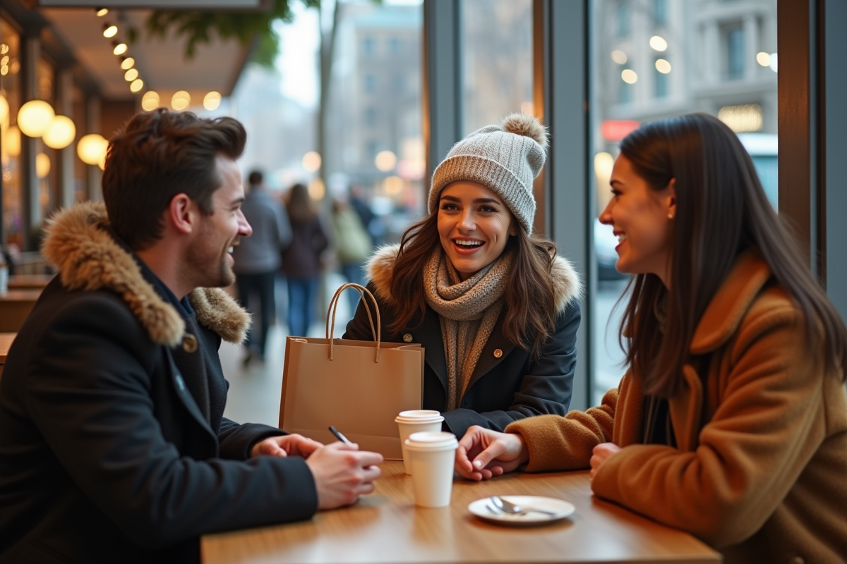 Amis discutant autour d un café en centre commercial