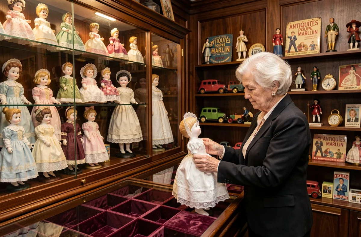 Boutique Antiquités Poupée Marilyn à Lyon avec vitrines de poupées en porcelaine anciennes en costumes d'époque et vendeuse manipulant une pièce de collection