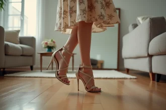 Jeune femme apprenant à marcher avec des talons hauts dans son salon, bras écartés pour garder l'équilibre sur un parquet en bois clair