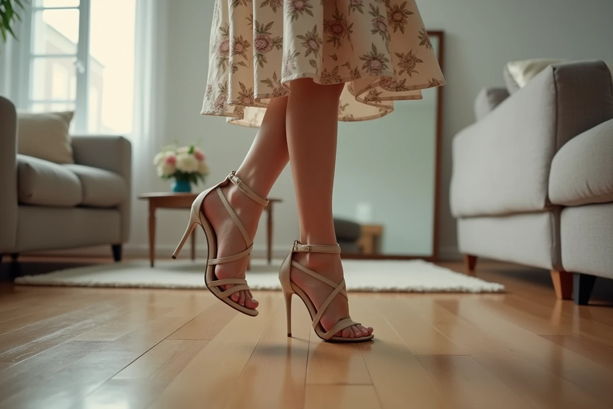 Jeune femme apprenant à marcher avec des talons hauts dans son salon, bras écartés pour garder l'équilibre sur un parquet en bois clair
