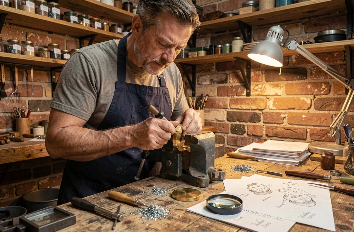 Artisan bijoutier gravant un jonc en or dans son atelier avec des outils de précision, atmosphère artisanale authentique