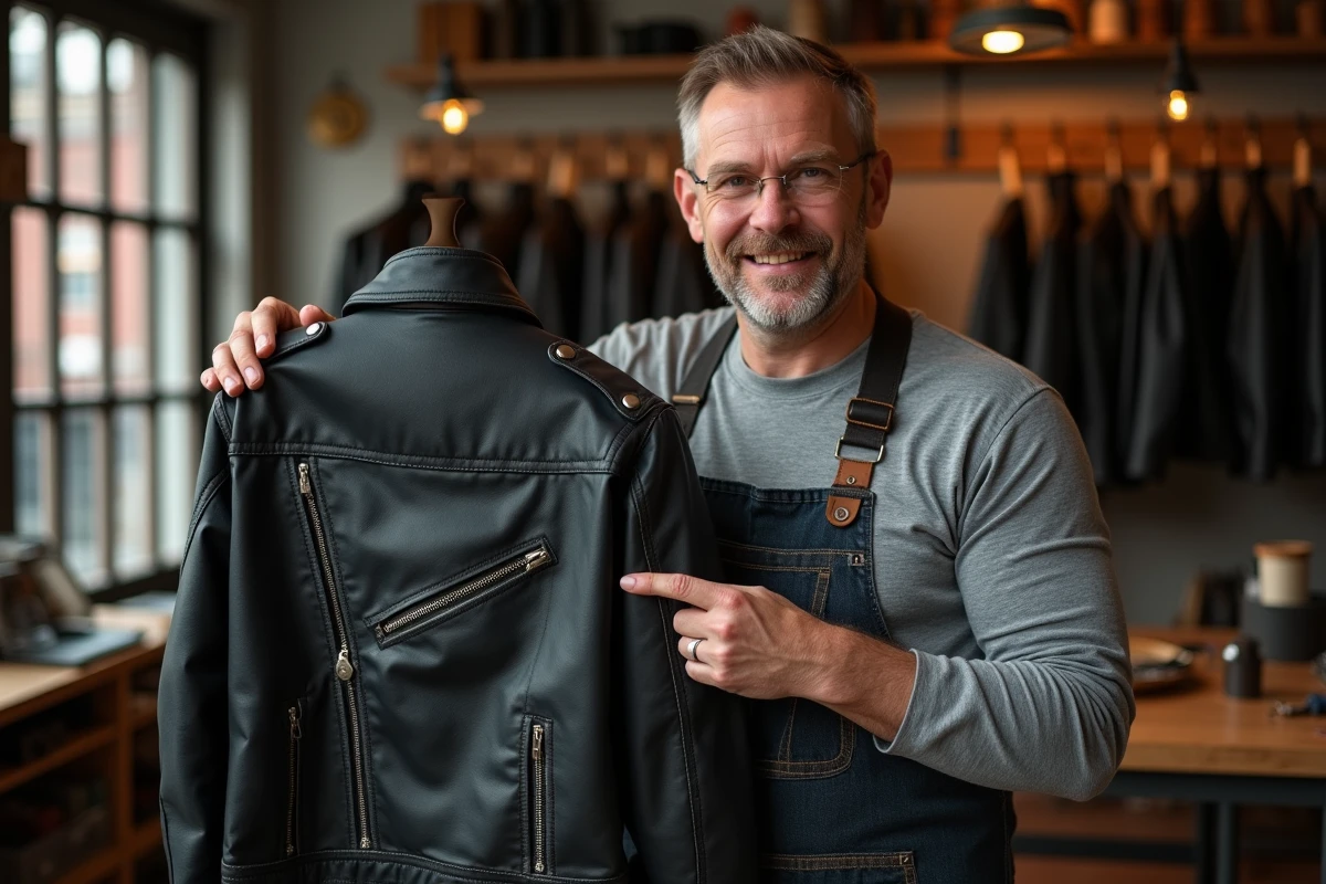Artisan en maroquinerie montrant les dégâts causés par un mauvais produit de cirage sur une veste en cuir noire
