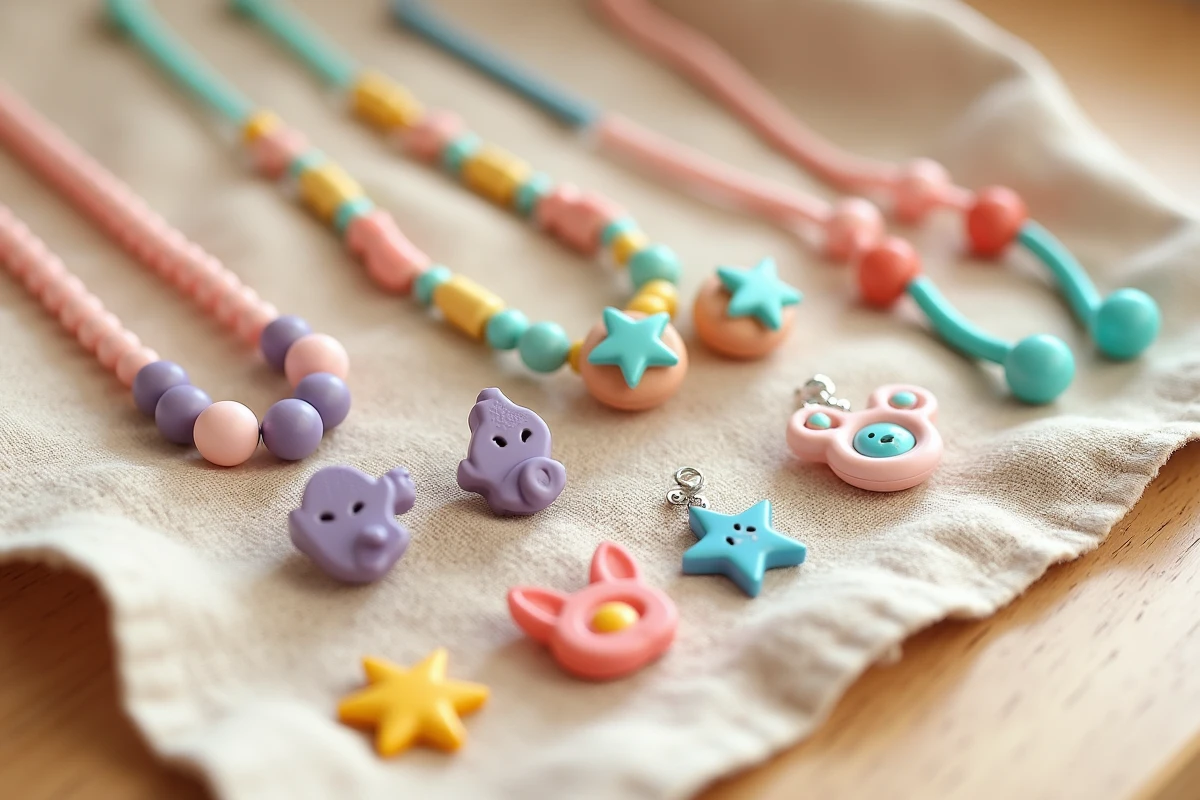Assortiment de bijoux fantaisie pour enfants incluant colliers en perles pastel, bracelets en caoutchouc et bagues colorées résistantes disposés sur un tissu en lin naturel