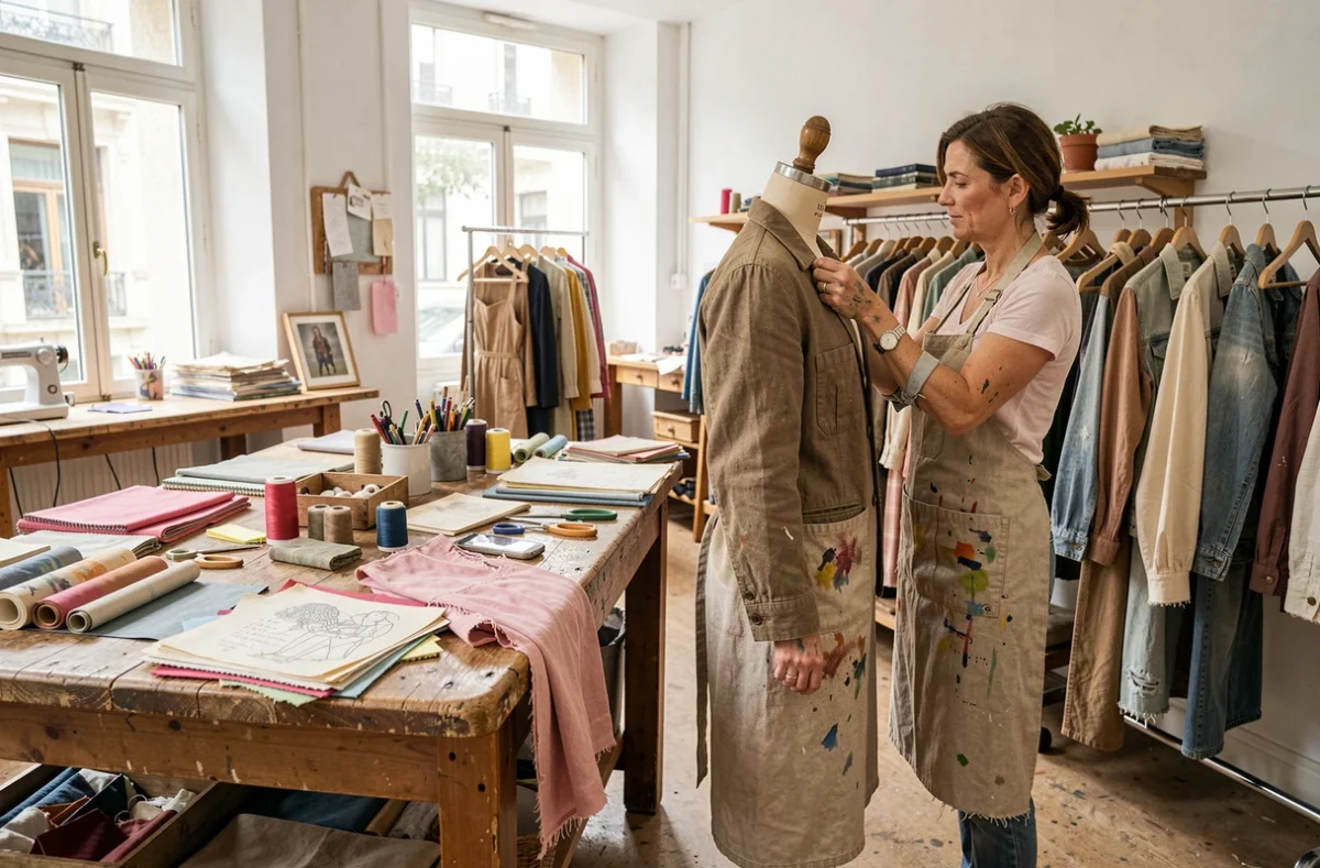 Atelier-boutique Les Ateliers de Marinette à Lyon avec tables de travail créatives, vêtements vintage upcyclés et créatrice épinglant une veste sur un mannequin