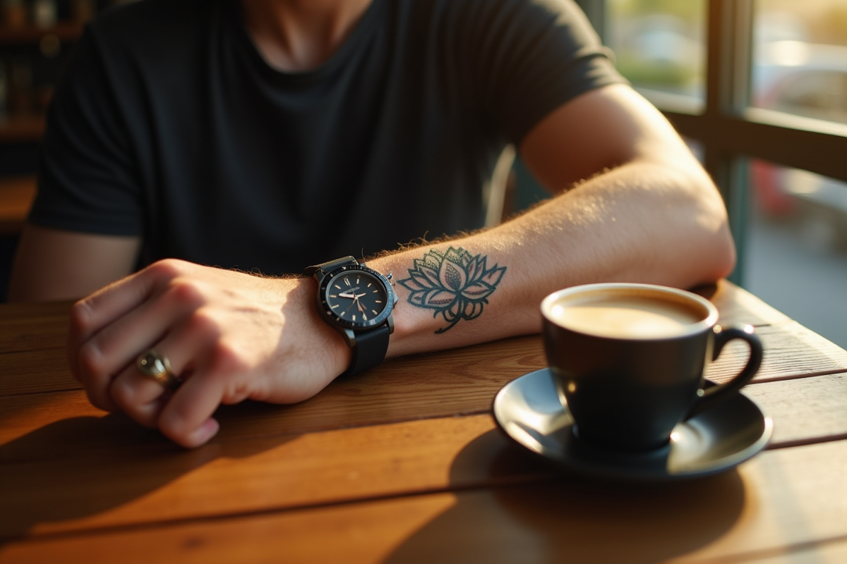 Bras avec tatouage lotus dans un café ensoleille