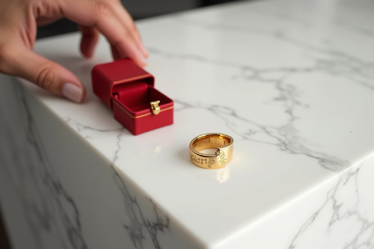 Bague Cartier Love homme en or jaune posée sur marbre blanc avec écrin rouge, vue lifestyle minimaliste