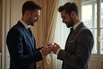 Deux hommes échangeant une bague Cartier Love lors de leurs fiançailles dans un appartement parisien élégant