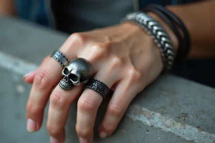 Main de femme portant une bague tête de mort en argent associée à des bracelets en cuir et chaîne dorée
