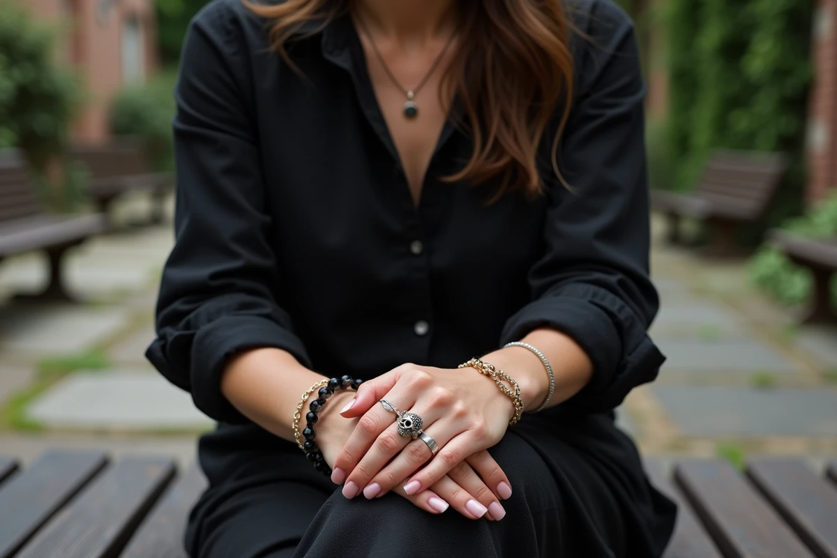 Femme assise en extérieur portant une bague tête de mort gothique associée à des bracelets chaîne dorés et bracelet en onyx