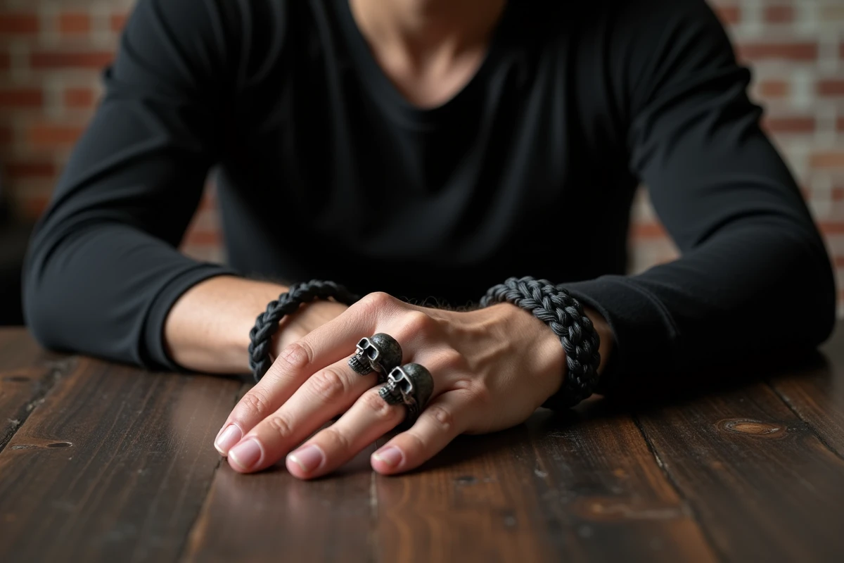 Homme portant une bague tête de mort en argent oxydé avec bracelet tressé et chaîne en acier inoxydable sur table en bois