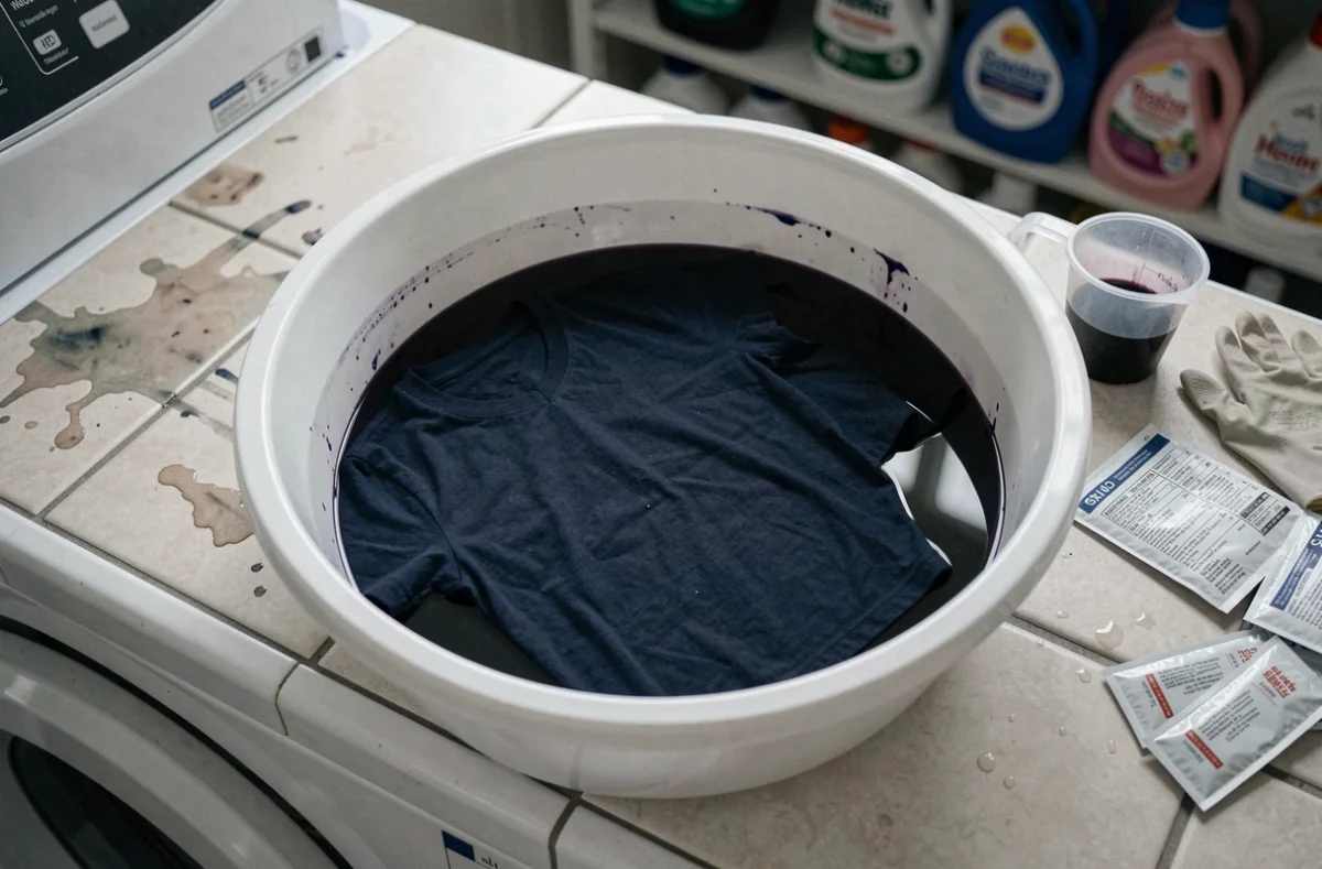 Vêtement en coton en train de tremper dans un bain de teinture noire avant passage en machine