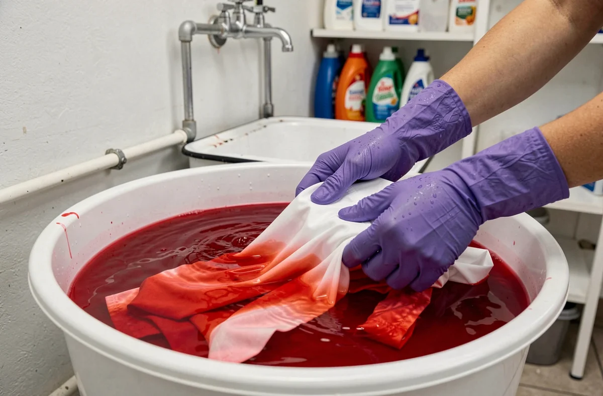 Mains plongeant un tissu en polyester blanc dans un bain de teinture rouge dans une buanderie