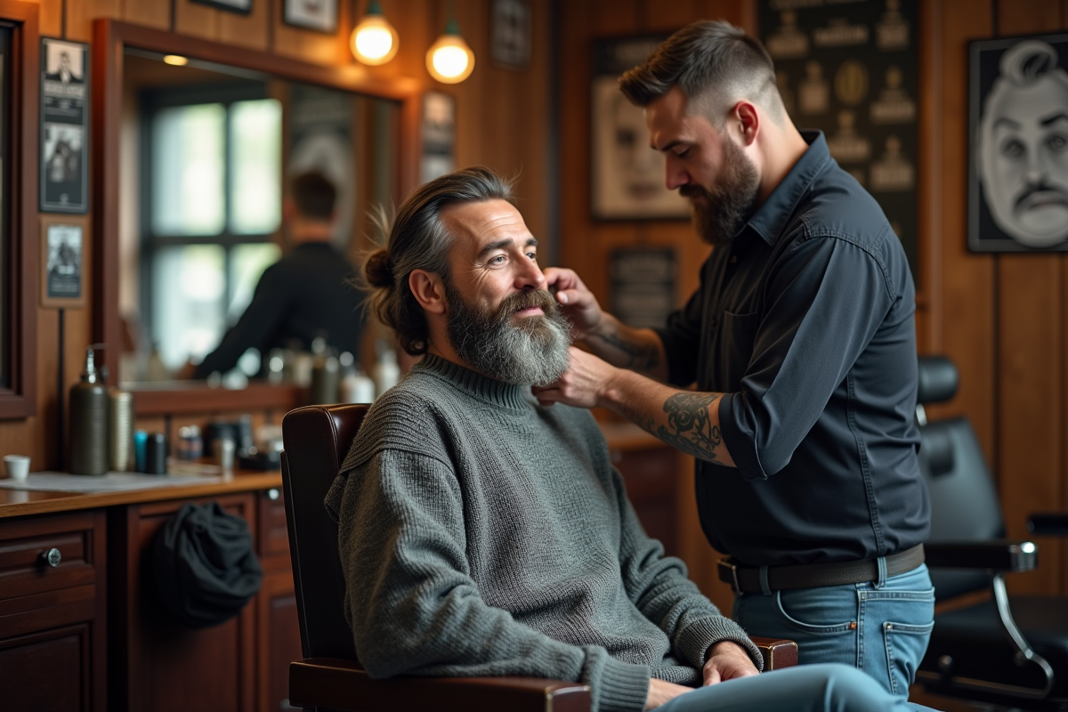 Barbier façonnant la barbe d’un client dans un salon vintage