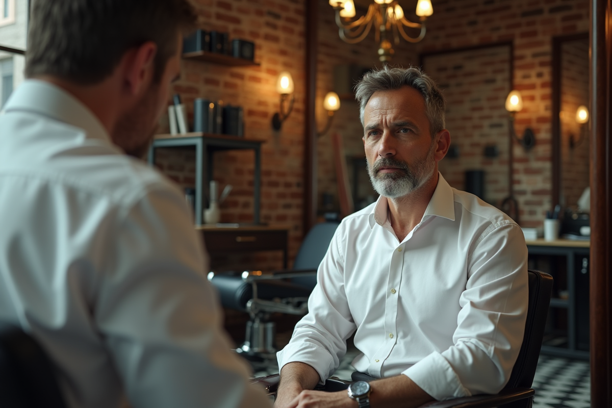 Homme en chemise blanche dans un barbershop vintage