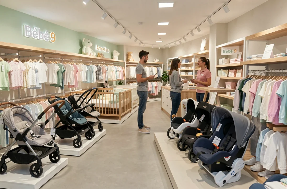 Intérieur du magasin Bébé 9 à Armentières avec son espace puériculture et ses rayons de vêtements pour nourrissons et jeunes enfants