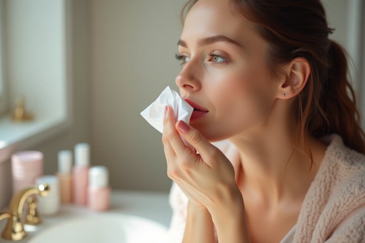 Femme appliquant un rouge à lèvres satiné naturel