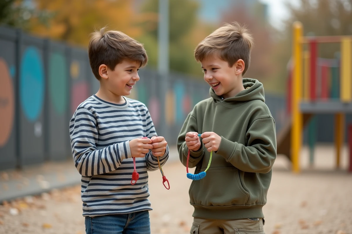 Deux garçons souriants dans une cour de récréation comparant leurs bracelets et colliers en silicone colorés résistants aux activités extérieures