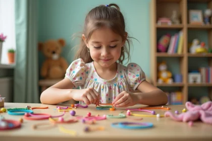 Fillette concentrée en train de fabriquer des bracelets colorés et fantaisie sur une table en bois dans une chambre d'enfant décorée avec soin