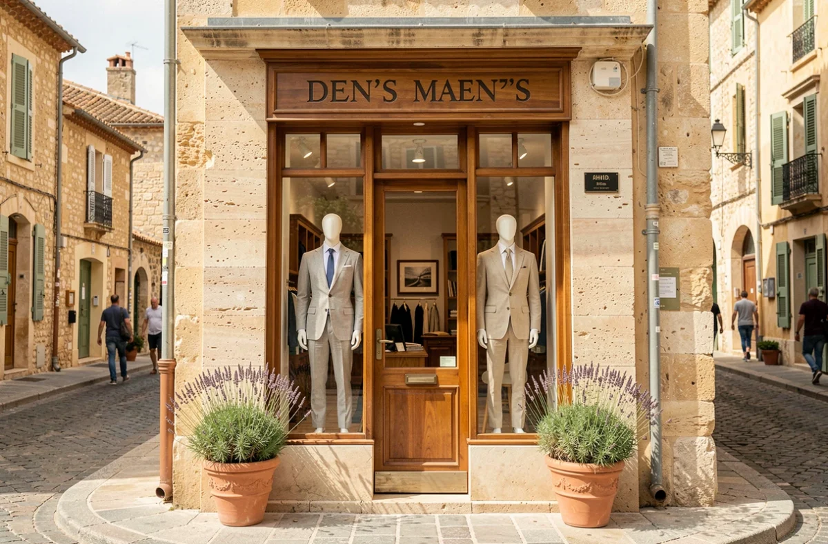 Devanture d'une boutique de costumes pour homme dans une rue ensoleillée d'une ville provençale avec vitrine élégante et architecture en pierre