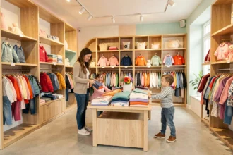 Famille faisant du shopping dans une boutique de vêtements pour enfants dans les Hauts-de-France