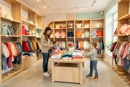 Famille faisant du shopping dans une boutique de vêtements pour enfants dans les Hauts-de-France