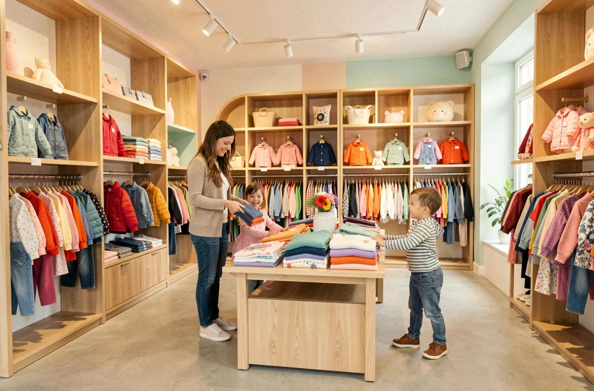 Famille faisant du shopping dans une boutique de vêtements pour enfants dans les Hauts-de-France