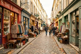 Rue commerçante animée avec plusieurs boutiques vintage en Auvergne-Rhône-Alpes, vêtements et objets anciens exposés devant des façades colorées sur pavés