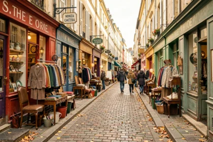 Rue commerçante animée avec plusieurs boutiques vintage en Auvergne-Rhône-Alpes, vêtements et objets anciens exposés devant des façades colorées sur pavés