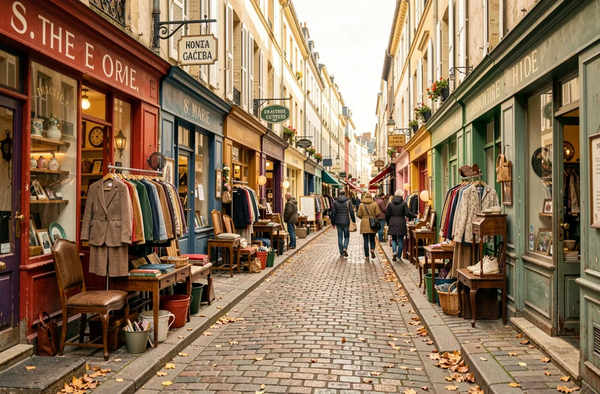 Rue commerçante animée avec plusieurs boutiques vintage en Auvergne-Rhône-Alpes, vêtements et objets anciens exposés devant des façades colorées sur pavés