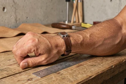 Homme mesurant son poignet avec un bracelet en cuir personnalisable marron foncé posé sur une table en bois brut dans un atelier artisanal