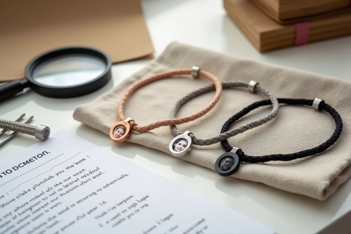 Vue à plat de bracelets photo personnalisés avec notes et checklist avant commande