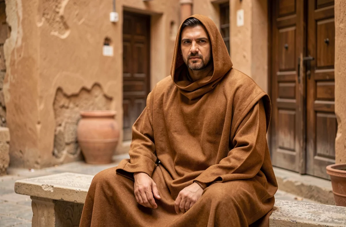 Homme corpulent en burnous camel moderne assis dans une ruelle de médina, coupe élégante pour grande taille