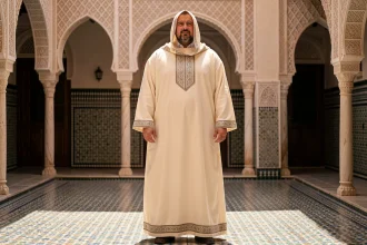 Homme grande taille portant un burnous blanc ivoire à broderies dans un riad marocain, coupe ample et flatteuse