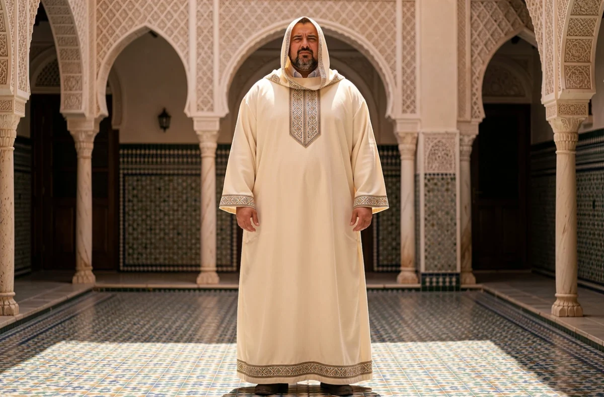 Homme grande taille portant un burnous blanc ivoire à broderies dans un riad marocain, coupe ample et flatteuse