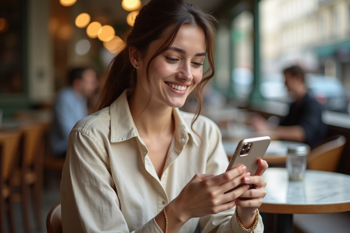 Jeune femme tenant un iPhone avec une chaîne dorée élégante dans un café parisien