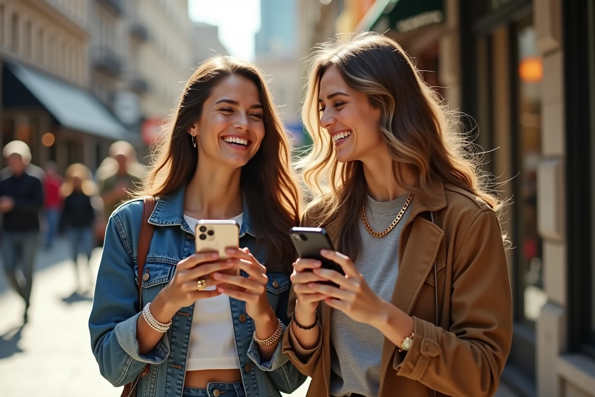 Deux amies comparant leurs chaînes de portable iPhone et Samsung dans la rue