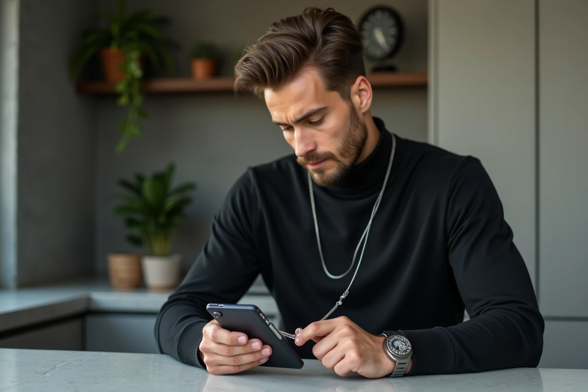 Homme attachant une chaîne argentée à son Samsung Galaxy dans un appartement moderne