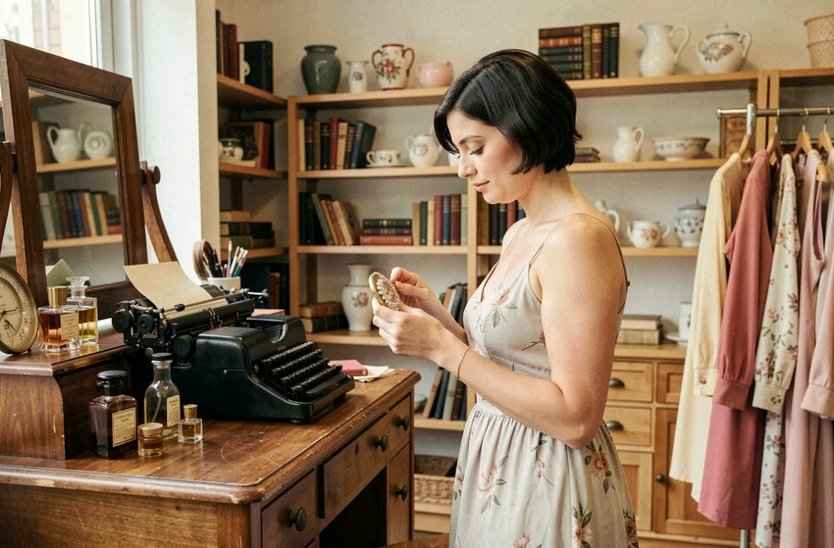Intérieur de Chambre 16 à Clermont-Ferrand décoré comme une chambre vintage avec robes rétro, objets anciens et jeune femme inspectant un bijou