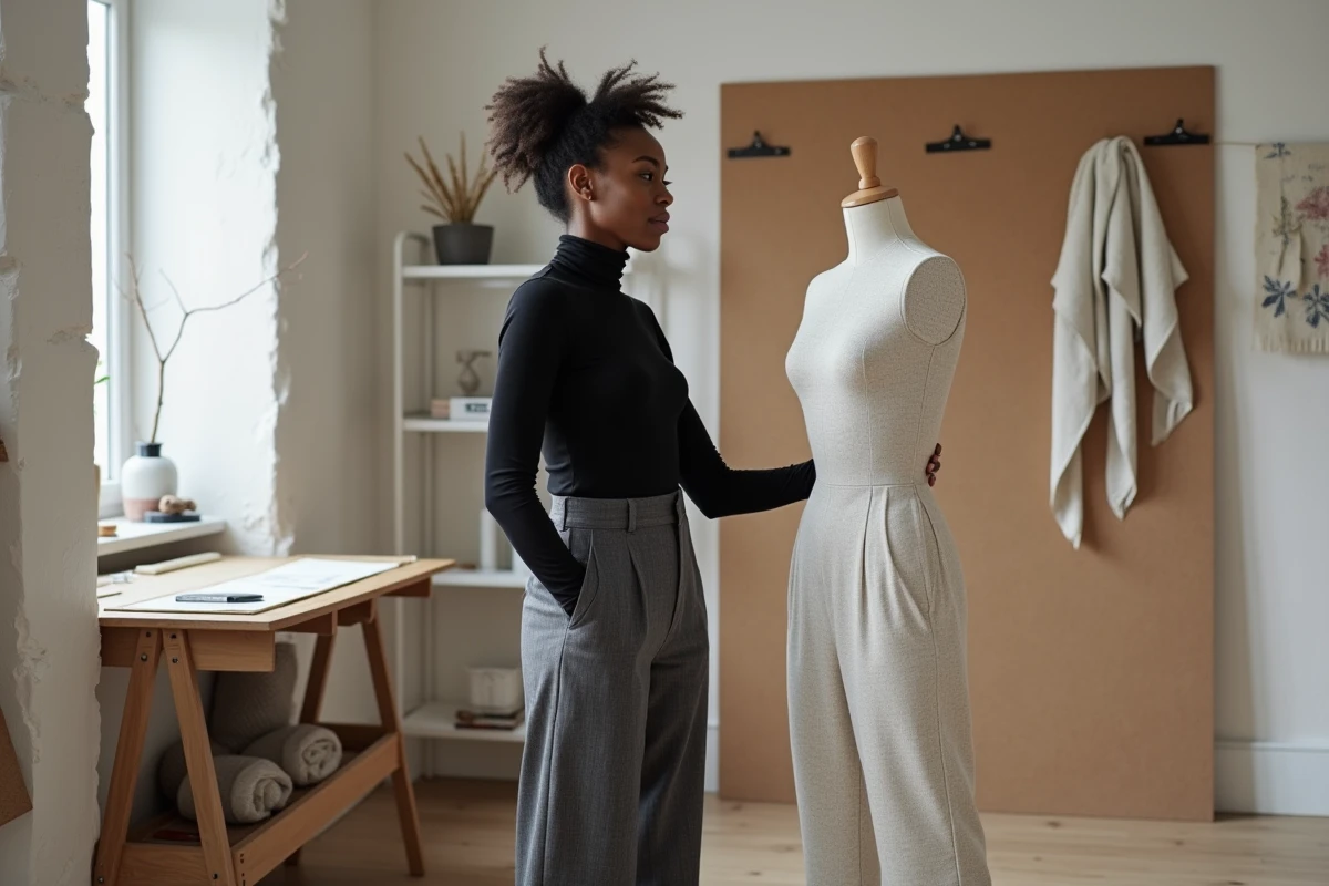 Créatrice de mode afro-américaine dans son atelier parisien étudiant une pièce de vêtement sur un mannequin de couture