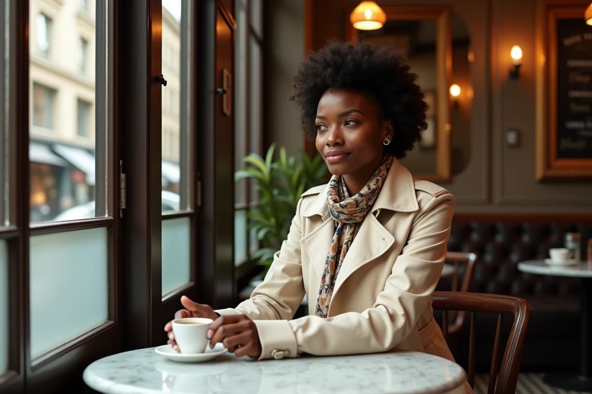 Créatrice de mode new-yorkaise à Paris savourant un espresso dans un café traditionnel français au décor classique