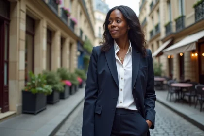 Femme afro-américaine élégante en blazer marine dans une rue pavée de Paris devant un immeuble haussmannien