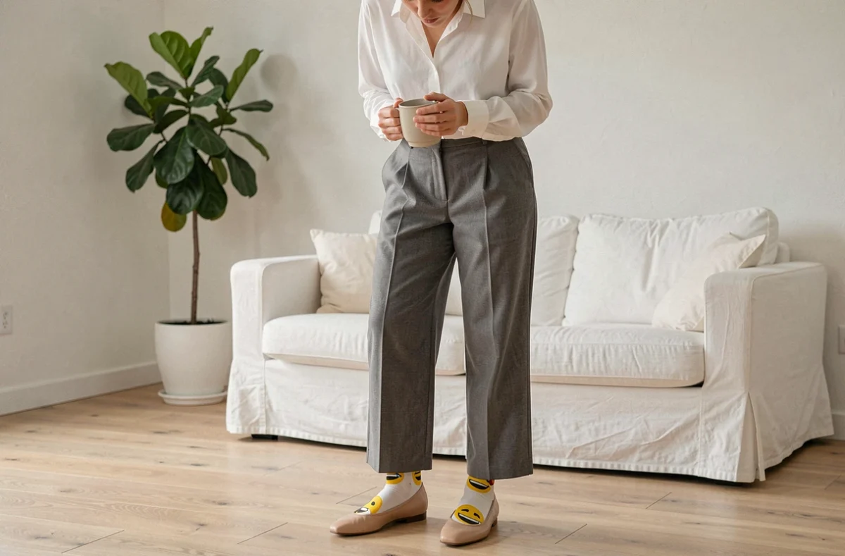 Femme dans un appartement moderne regardant ses chaussettes fantaisie emoji portées avec une tenue élégante, illustrant une erreur de style courante