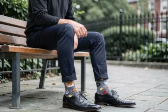 Homme assis sur un banc urbain avec des chaussettes dépareillées et fantaisie portées avec des chaussures oxford, illustrant une erreur de style vestimentaire