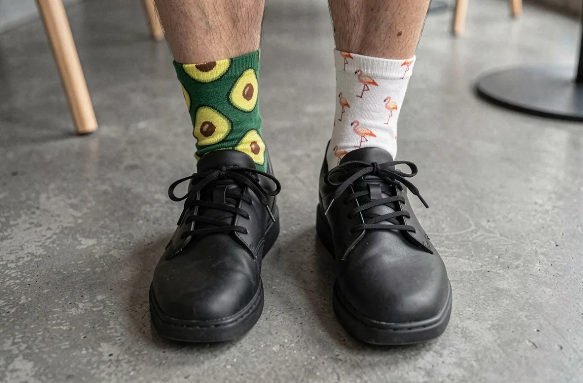 Gros plan de deux chaussettes fantaisie dépareillées aux motifs avocat et flamant rose portées avec des sneakers noires, mettant en évidence une erreur de style vestimentaire