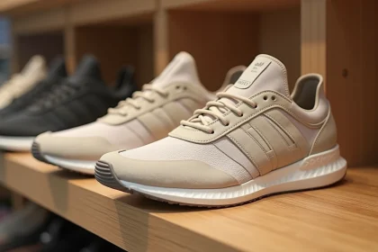 Paire de baskets Sursell tendance exposée sur une étagère en bois dans une boutique minimaliste